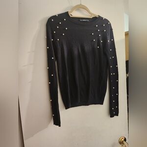 Zara Knit Navy Blue Pearl Sleeve Sweater S